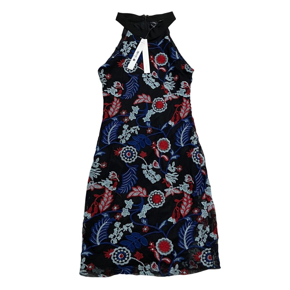 Aqua Mini Dress XS Black Multi Halter Neck Embroidered Floral Mesh Bodycon NEW